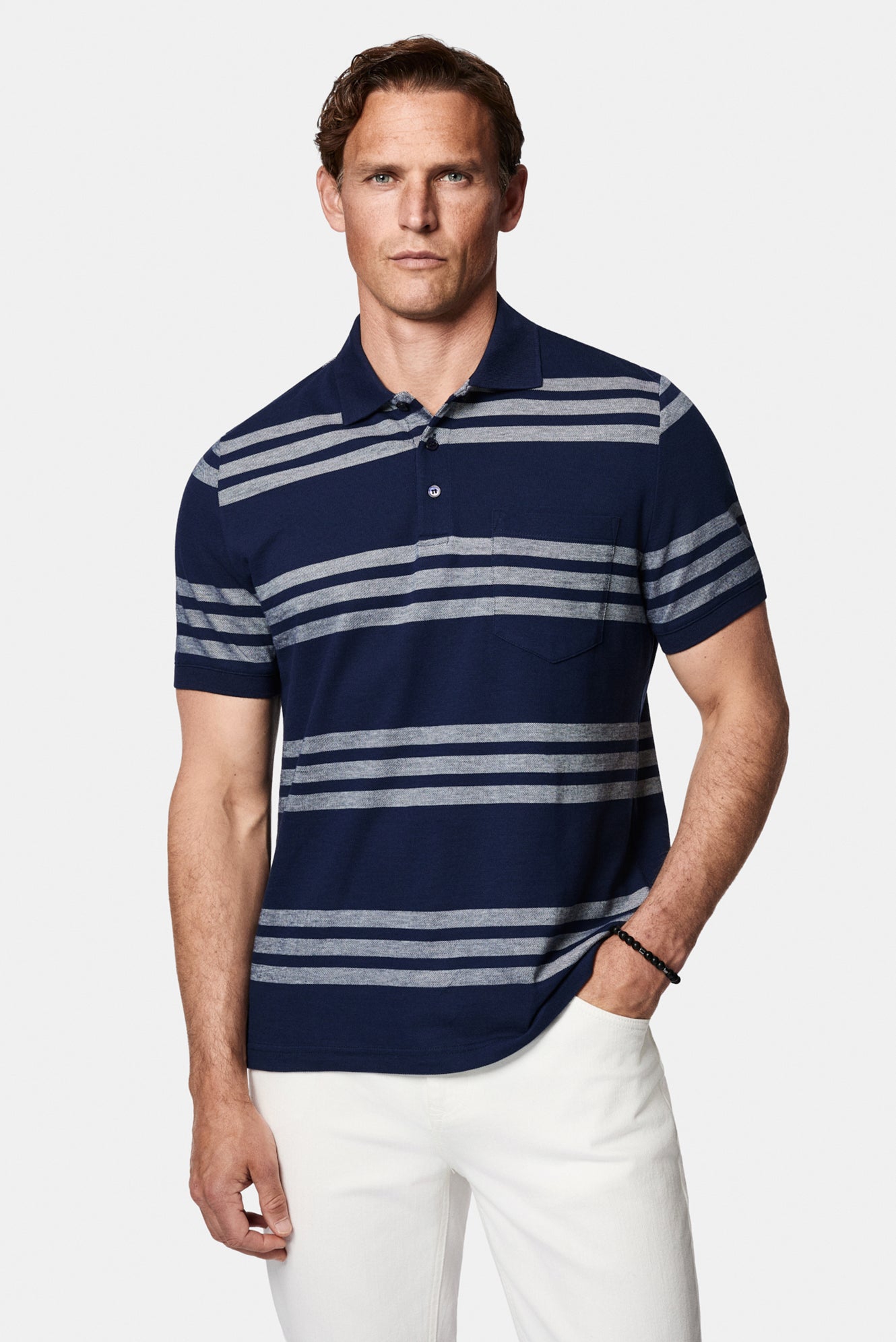 Orta Lacivert Regular Fit Düğmeli Polo Yaka Çizgili Cepli %100 Pamuk Merserize T-shirt