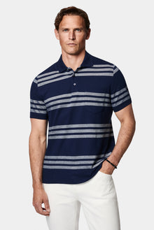 Orta Lacivert Regular Fit Düğmeli Polo Yaka Çizgili Cepli %100 Pamuk Merserize T-shirt