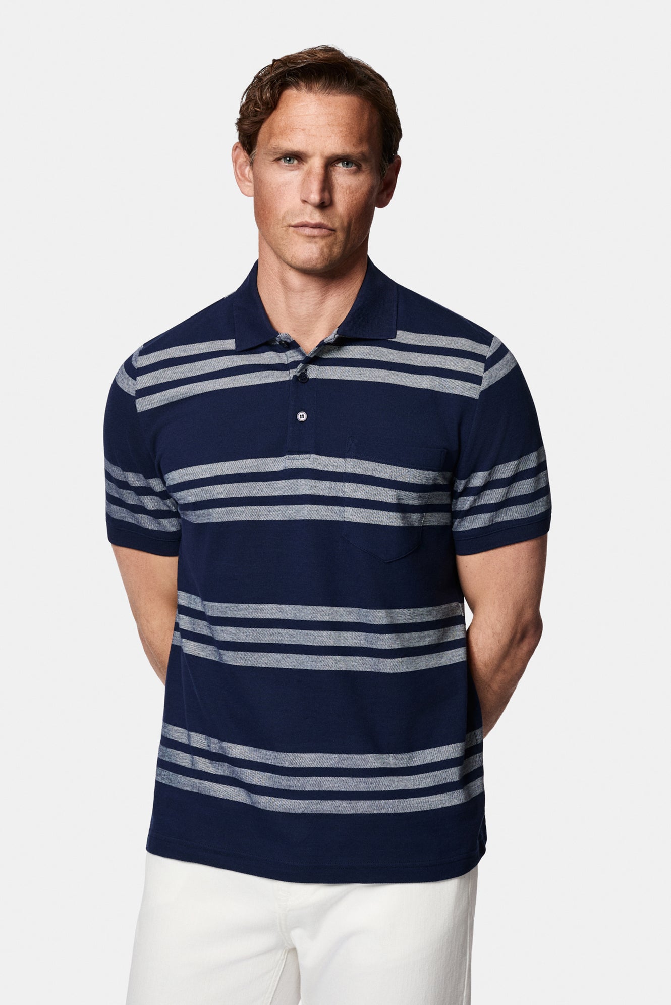 Orta Lacivert Regular Fit Düğmeli Polo Yaka Çizgili Cepli %100 Pamuk Merserize T-shirt