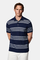 Orta Lacivert Regular Fit Düğmeli Polo Yaka Çizgili Cepli %100 Pamuk Merserize T-shirt