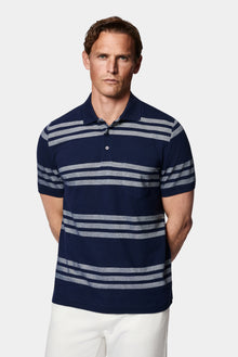 Orta Lacivert Regular Fit Düğmeli Polo Yaka Çizgili Cepli %100 Pamuk Merserize T-shirt