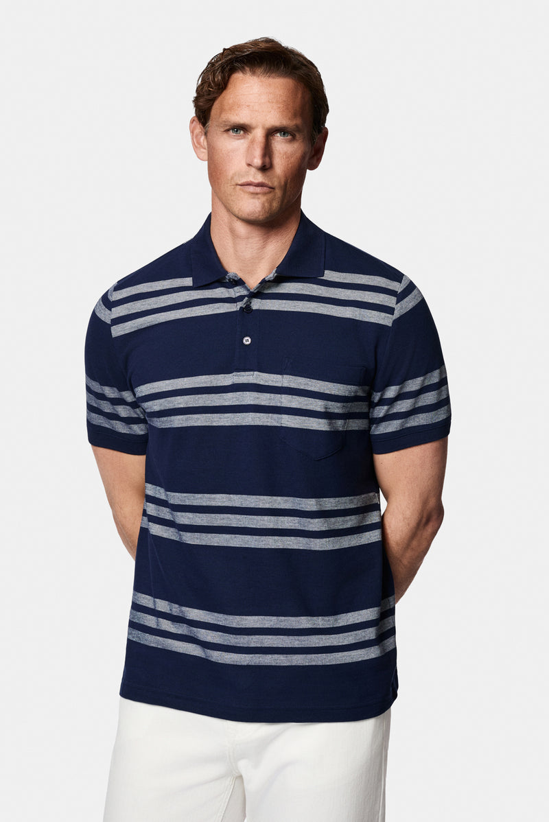 Orta Lacivert Regular Fit Düğmeli Polo Yaka Çizgili Cepli %100 Pamuk Merserize T-shirt
