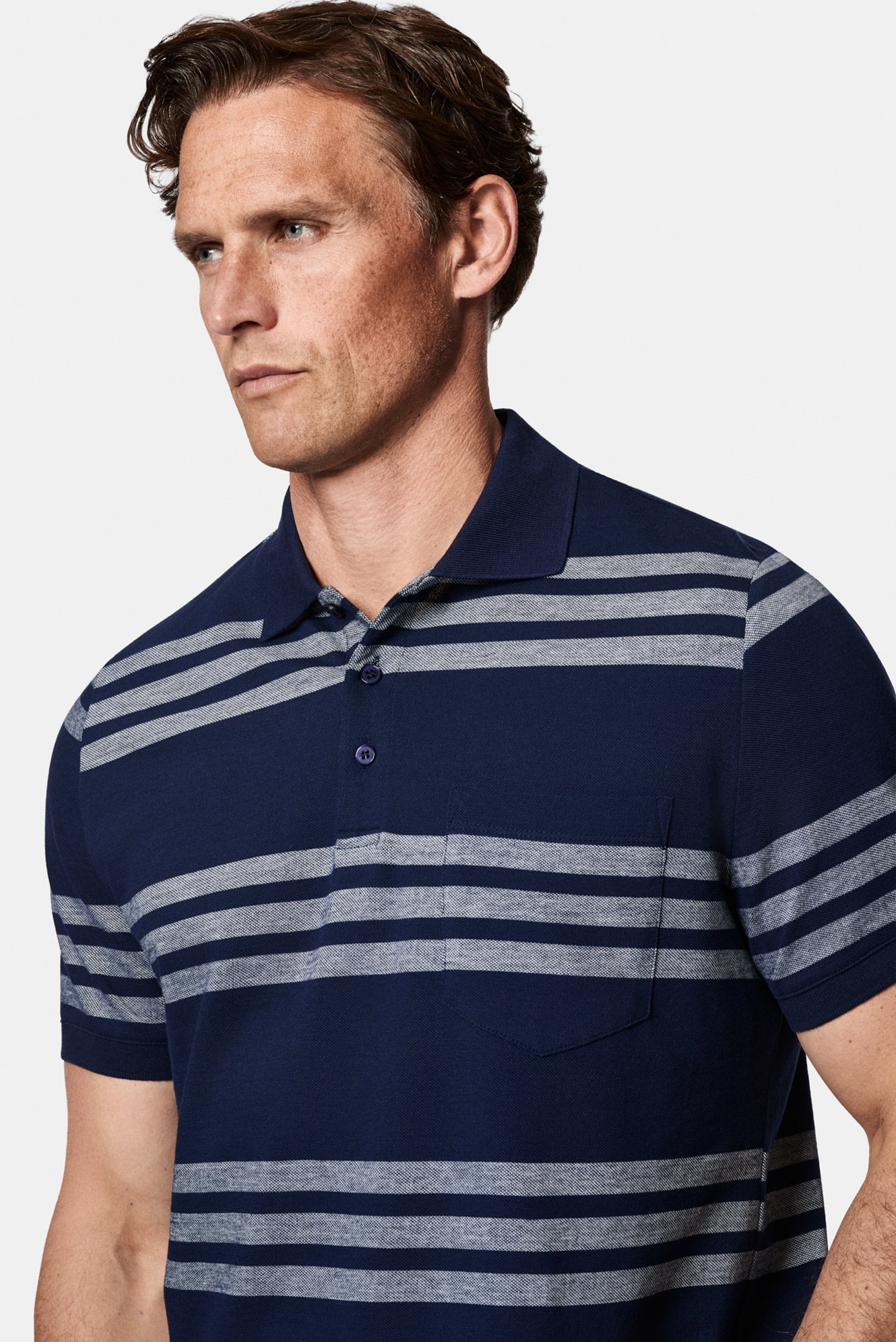 Orta Lacivert Regular Fit Düğmeli Polo Yaka Çizgili Cepli %100 Pamuk Merserize T-shirt