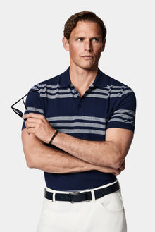 Orta Lacivert Regular Fit Düğmeli Polo Yaka Çizgili Cepli %100 Pamuk Merserize T-shirt