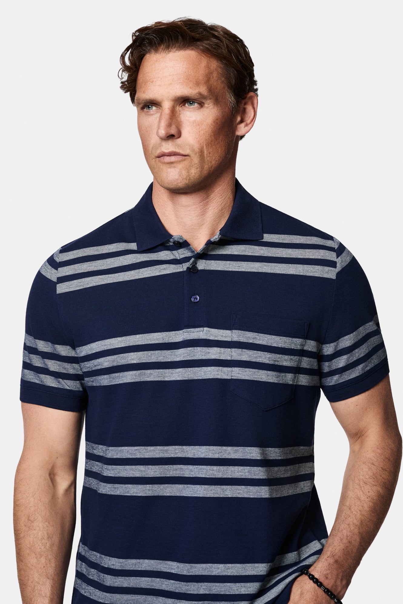 Orta Lacivert Regular Fit Düğmeli Polo Yaka Çizgili Cepli %100 Pamuk Merserize T-shirt