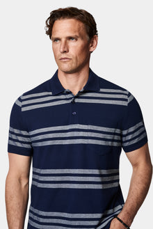 Orta Lacivert Regular Fit Düğmeli Polo Yaka Çizgili Cepli %100 Pamuk Merserize T-shirt