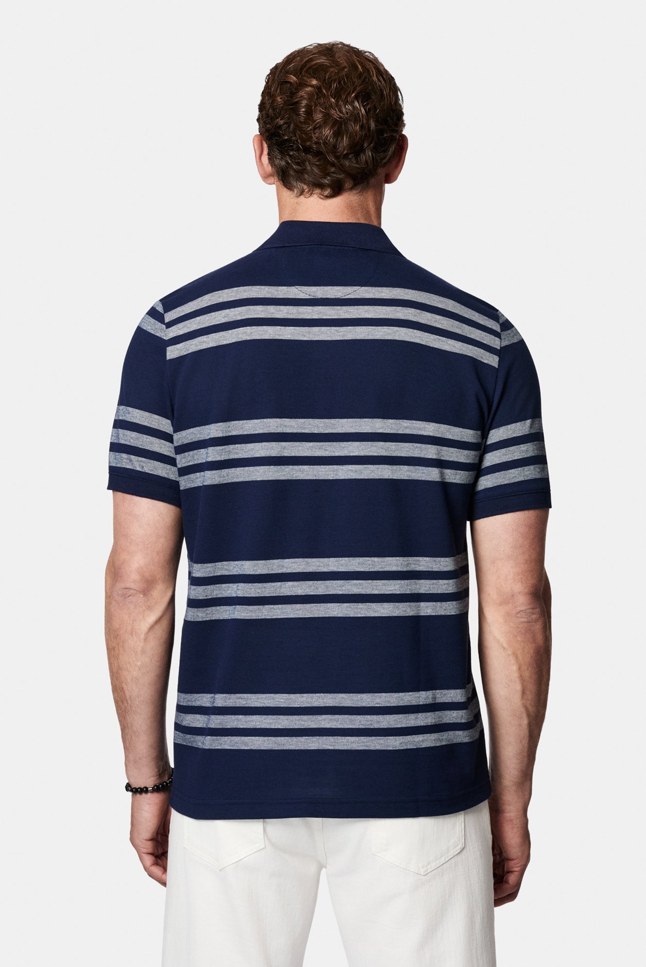 Orta Lacivert Regular Fit Düğmeli Polo Yaka Çizgili Cepli %100 Pamuk Merserize T-shirt