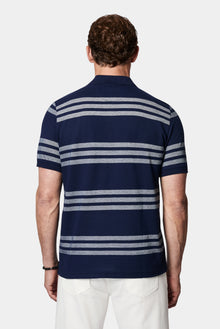 Orta Lacivert Regular Fit Düğmeli Polo Yaka Çizgili Cepli %100 Pamuk Merserize T-shirt