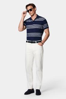 Orta Lacivert Regular Fit Düğmeli Polo Yaka Çizgili Cepli %100 Pamuk Merserize T-shirt
