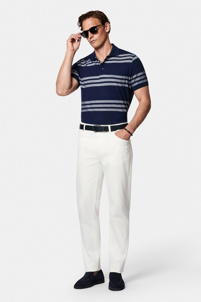 Orta Lacivert Regular Fit Düğmeli Polo Yaka Çizgili Cepli %100 Pamuk Merserize T-shirt