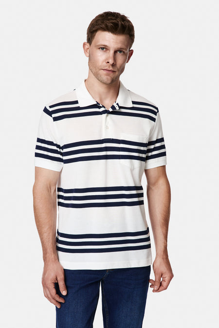 Kırık Beyaz Regular Fit Düğmeli Polo Yaka Çizgili Cepli %100 Pamuk Merserize T-shirt