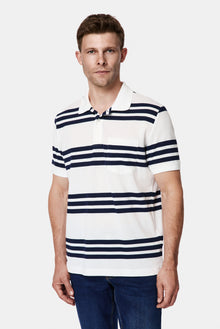 Kırık Beyaz Regular Fit Düğmeli Polo Yaka Çizgili Cepli %100 Pamuk Merserize T-shirt