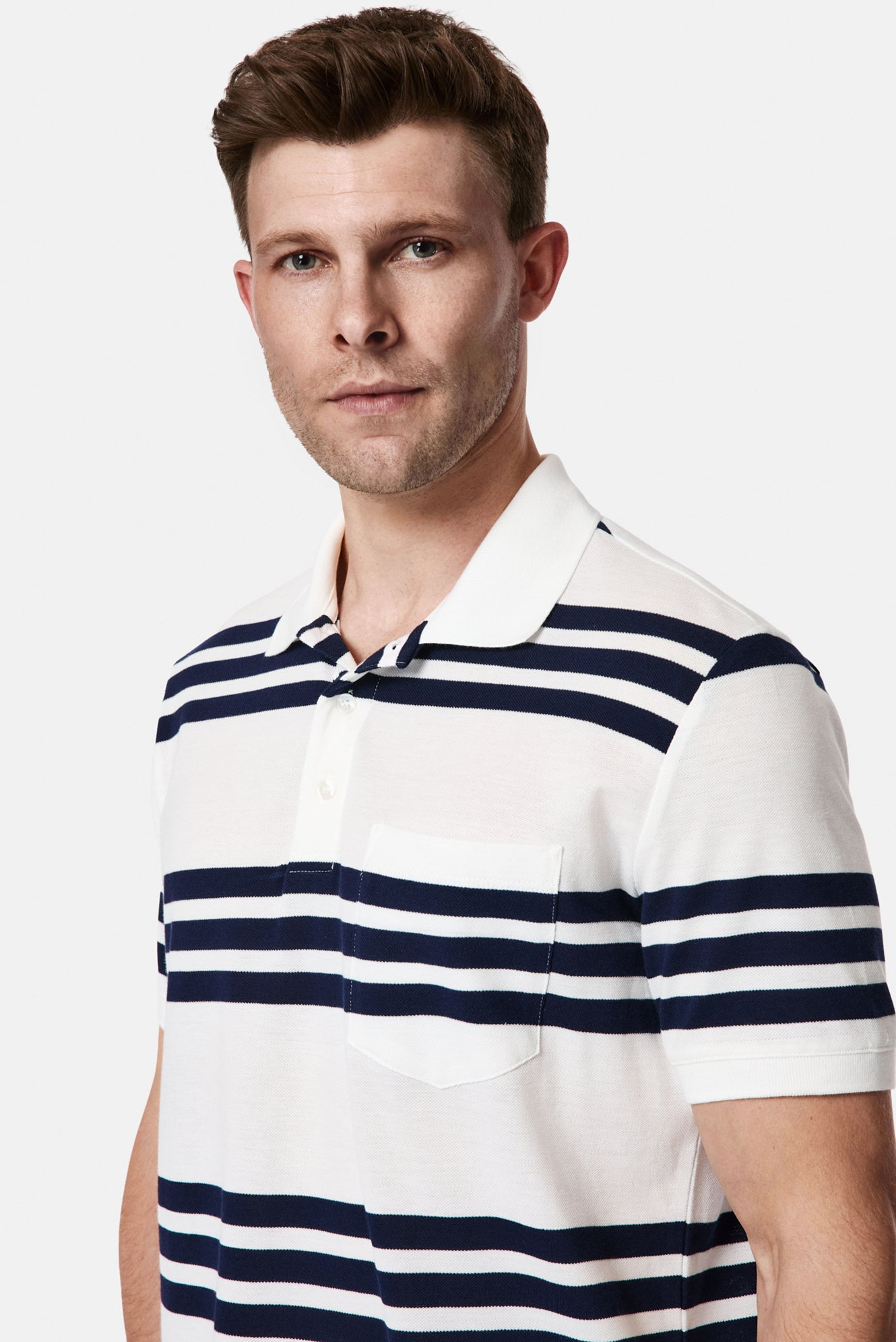 Kırık Beyaz Regular Fit Düğmeli Polo Yaka Çizgili Cepli %100 Pamuk Merserize T-shirt