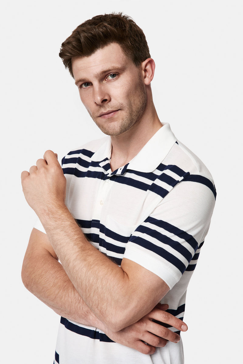 Kırık Beyaz Regular Fit Düğmeli Polo Yaka Çizgili Cepli %100 Pamuk Merserize T-shirt