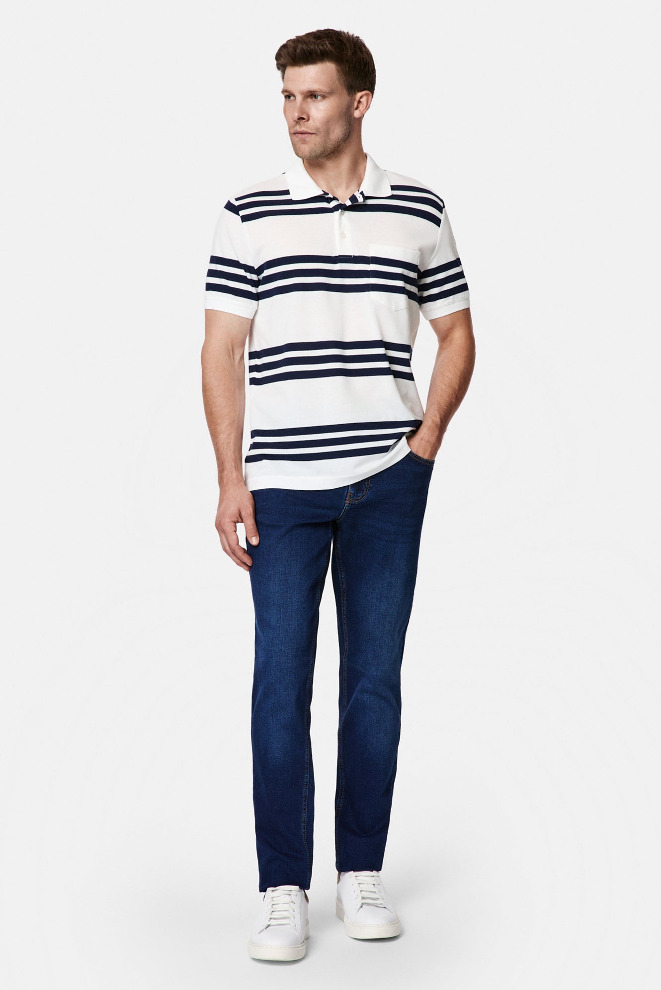 Kırık Beyaz Regular Fit Düğmeli Polo Yaka Çizgili Cepli %100 Pamuk Merserize T-shirt