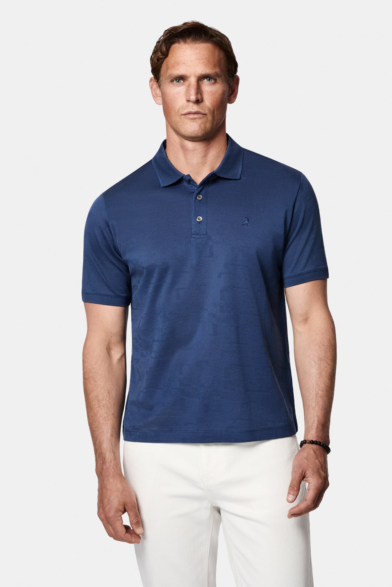 Açık Lacivert Regular Fit Düğmeli Polo Yaka Desenli Nakışlı %100 Pamuk Merserize T-shirt
