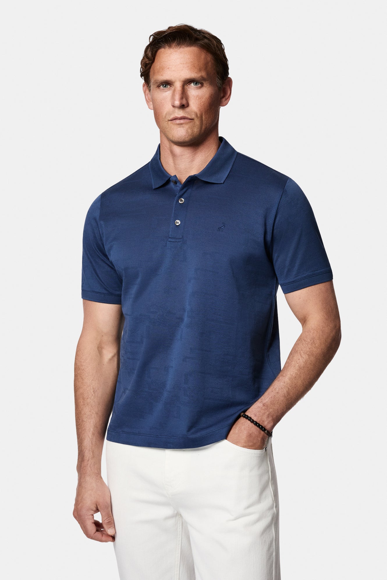 Açık Lacivert Regular Fit Düğmeli Polo Yaka Desenli Nakışlı %100 Pamuk Merserize T-shirt