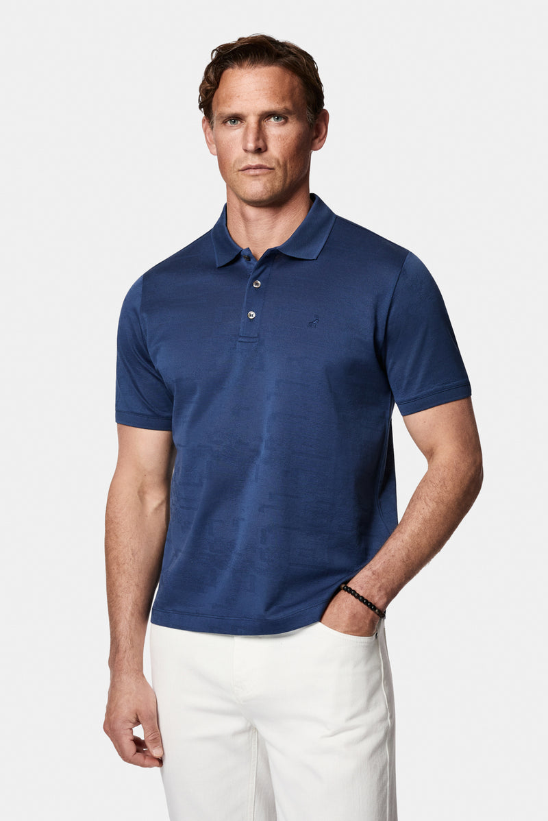 Açık Lacivert Regular Fit Düğmeli Polo Yaka Desenli Nakışlı %100 Pamuk Merserize T-shirt