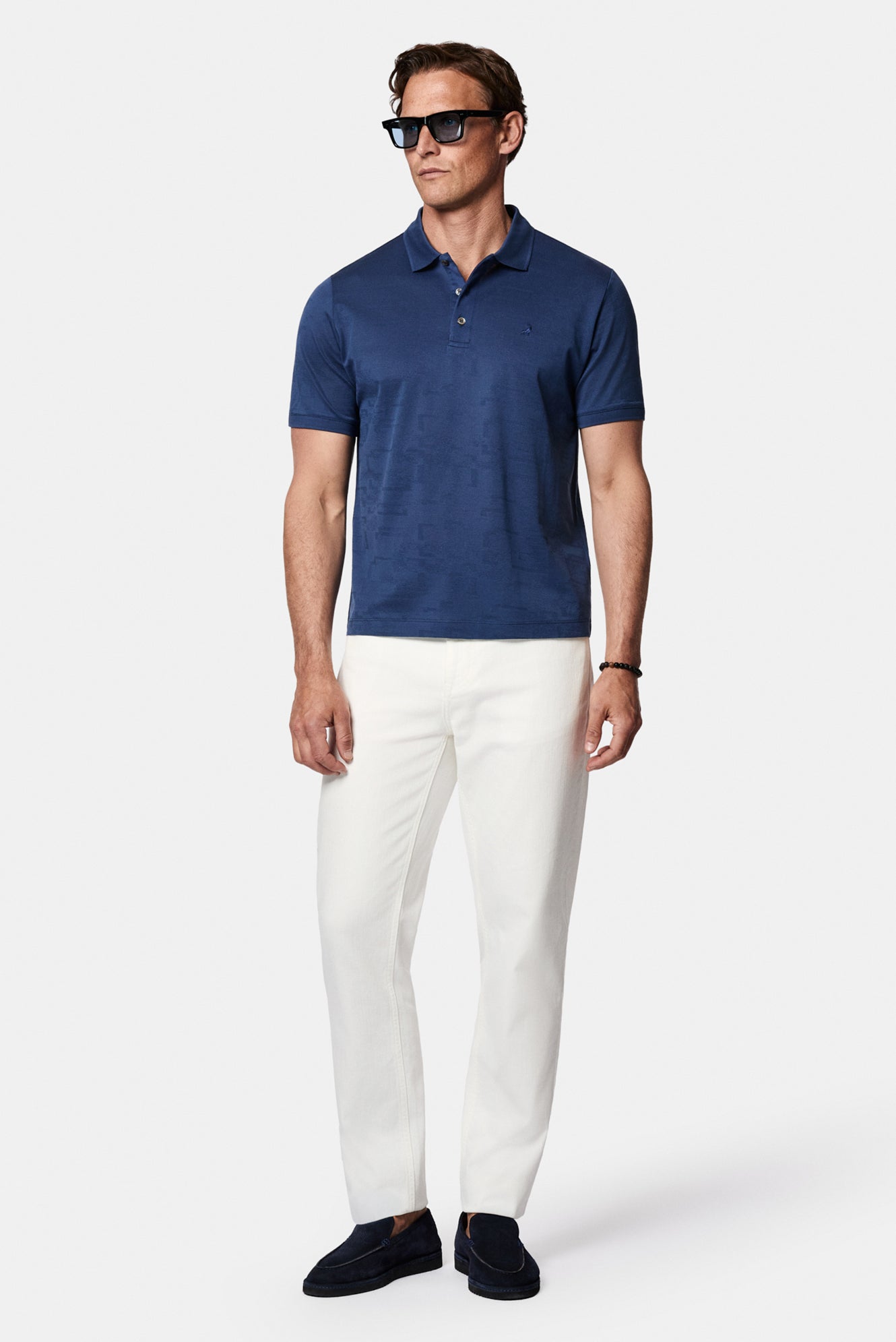 Açık Lacivert Regular Fit Düğmeli Polo Yaka Desenli Nakışlı %100 Pamuk Merserize T-shirt