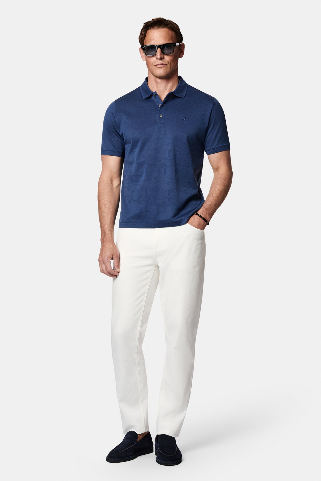 Açık Lacivert Regular Fit Düğmeli Polo Yaka Desenli Nakışlı %100 Pamuk Merserize T-shirt