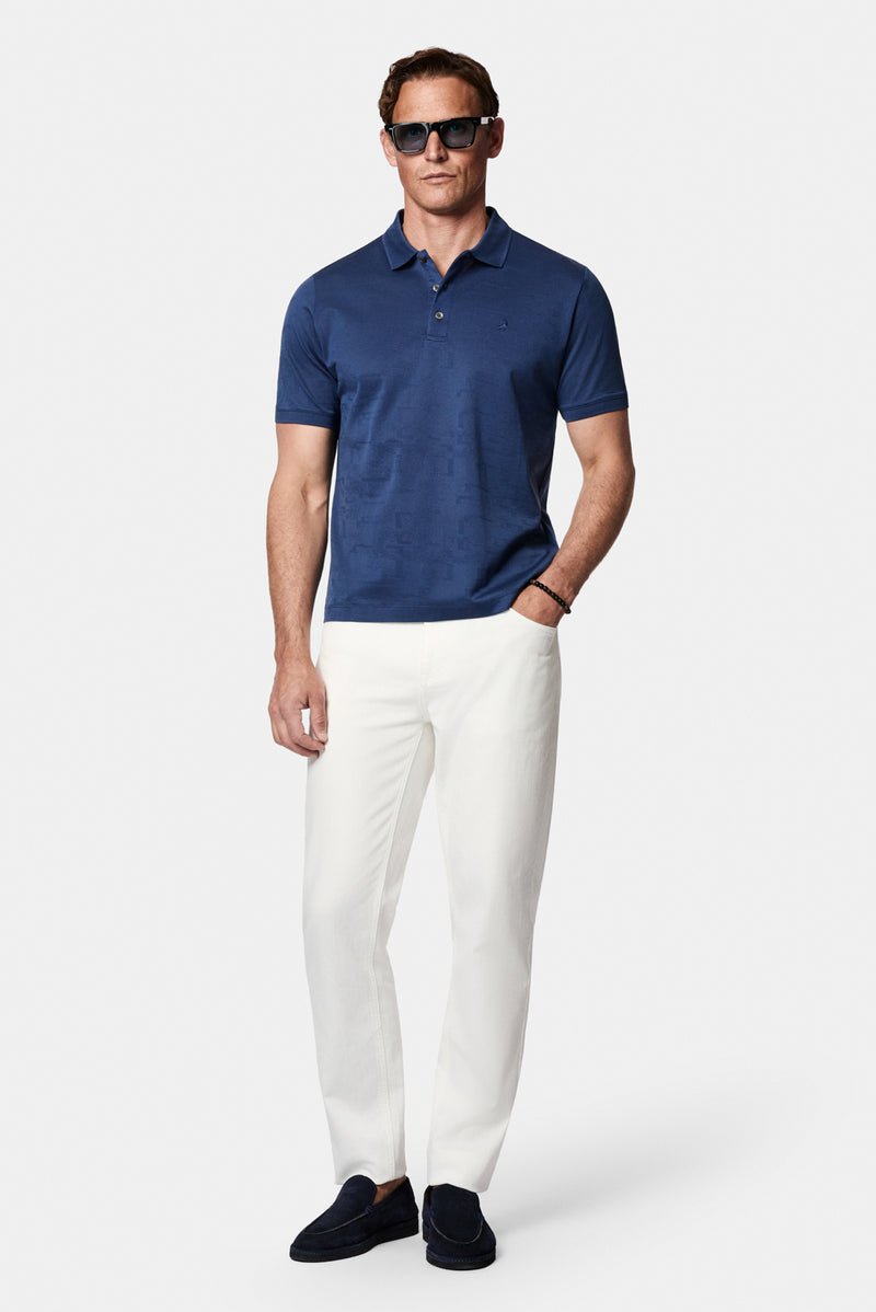 Açık Lacivert Regular Fit Düğmeli Polo Yaka Desenli Nakışlı %100 Pamuk Merserize T-shirt