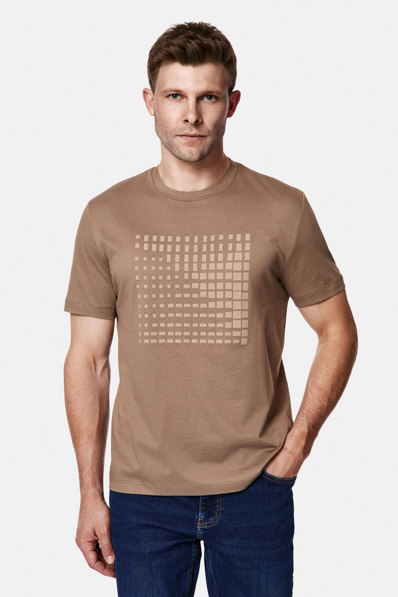 Orta Bej Bisiklet Yaka Regular Fit Baskılı %100 Pamuk Merserize T-shirt