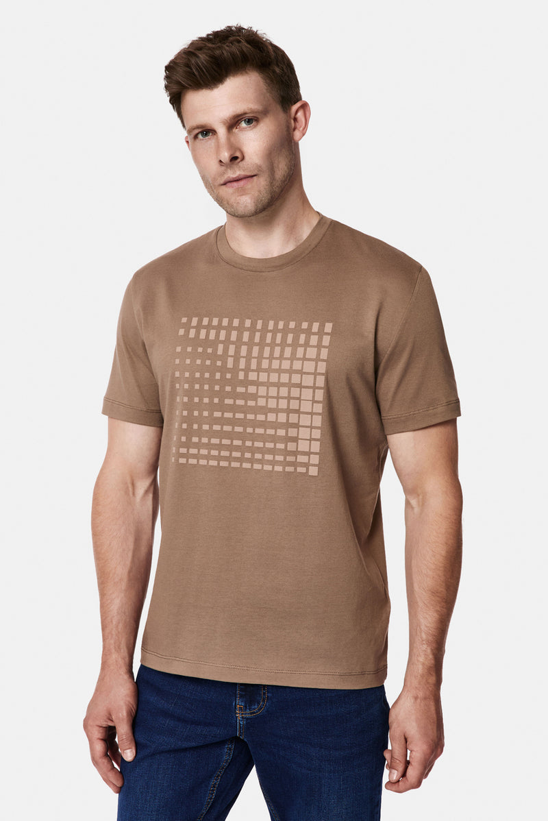 Orta Bej Bisiklet Yaka Regular Fit Baskılı %100 Pamuk Merserize T-shirt