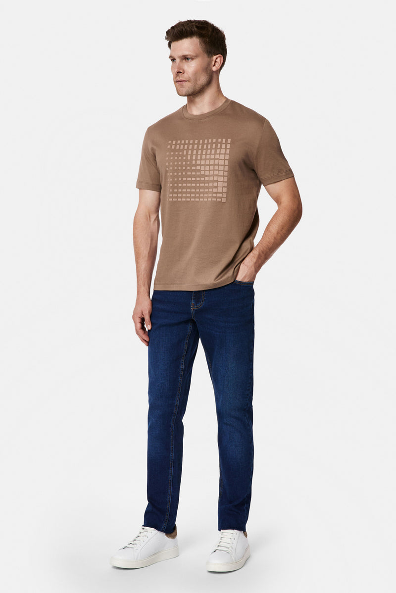 Orta Bej Bisiklet Yaka Regular Fit Baskılı %100 Pamuk Merserize T-shirt