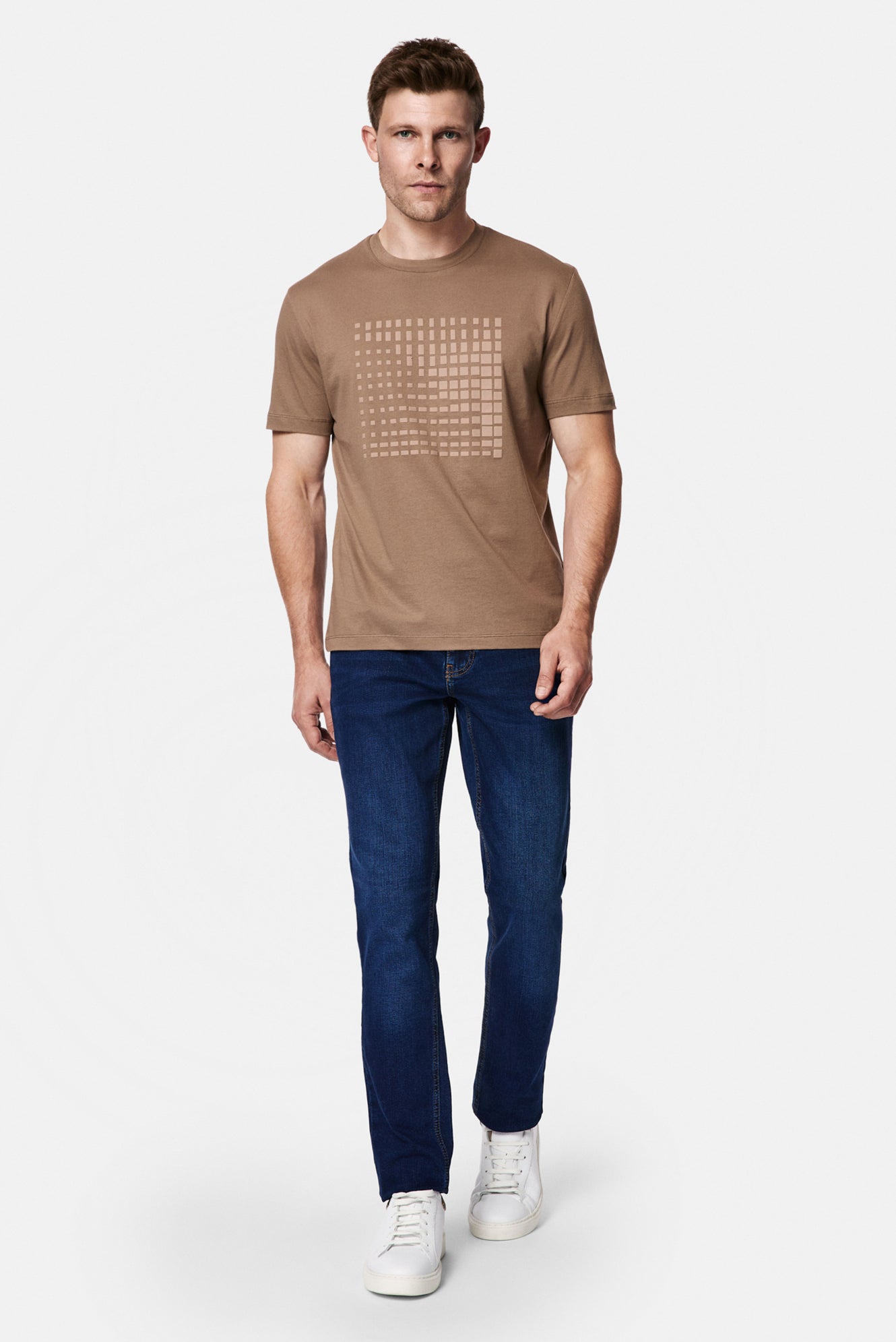 Orta Bej Bisiklet Yaka Regular Fit Baskılı %100 Pamuk Merserize T-shirt