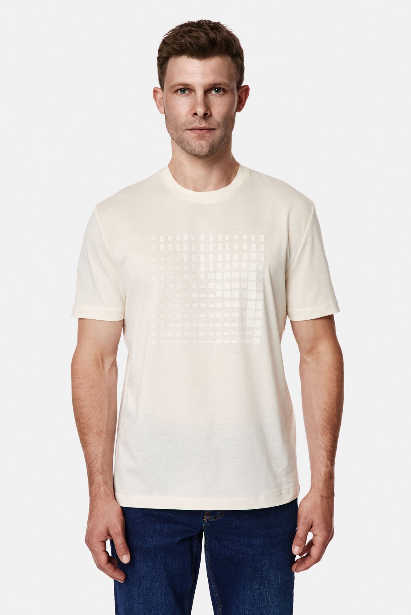 Kırık Beyaz Bisiklet Yaka Regular Fit Baskılı %100 Pamuk Merserize T-shirt