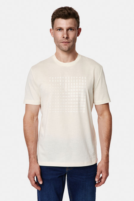 Kırık Beyaz Bisiklet Yaka Regular Fit Baskılı %100 Pamuk Merserize T-shirt