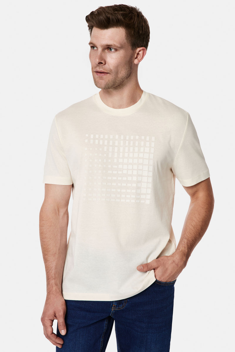 Kırık Beyaz Bisiklet Yaka Regular Fit Baskılı %100 Pamuk Merserize T-shirt