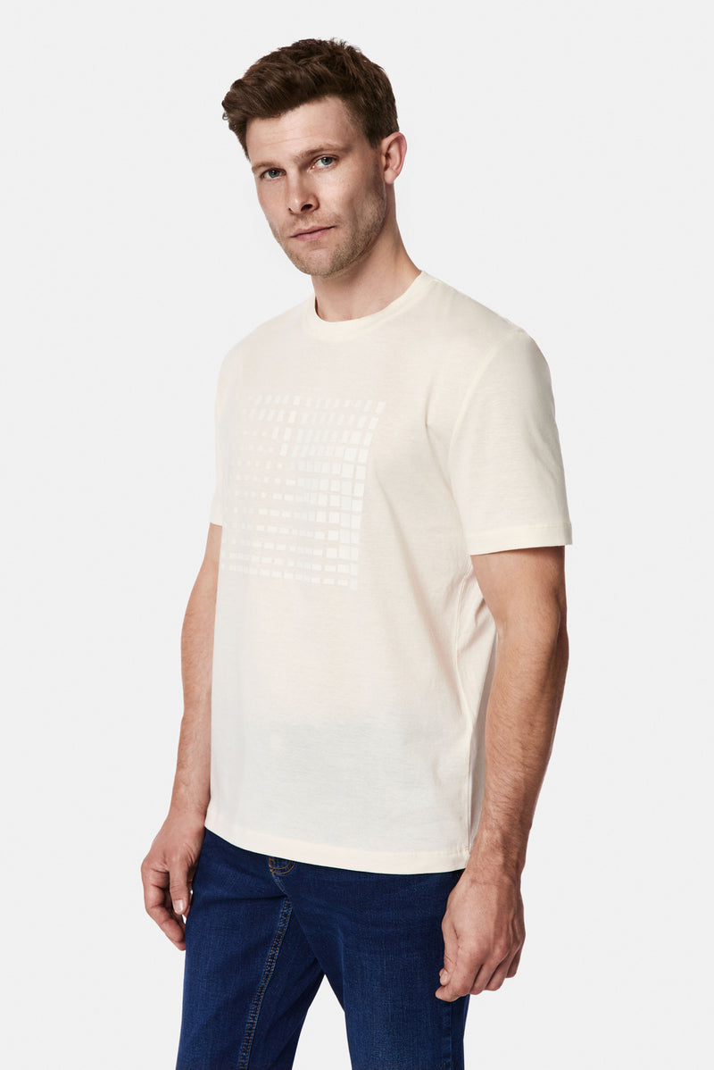 Kırık Beyaz Bisiklet Yaka Regular Fit Baskılı %100 Pamuk Merserize T-shirt
