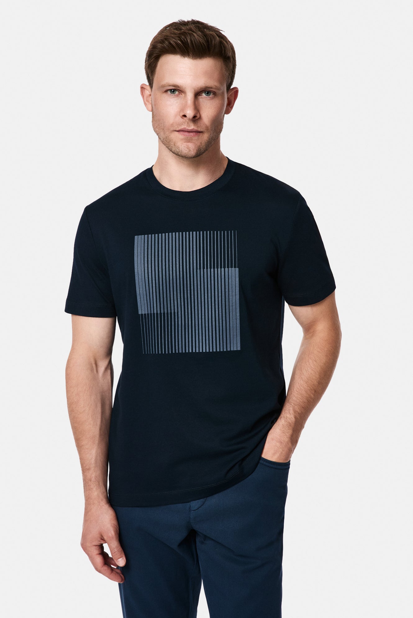 Koyu Lacivert Bisiklet Yaka Regular Fit Baskılı %100 Pamuk Merserize T-shirt