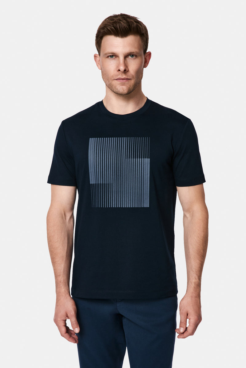 Koyu Lacivert Bisiklet Yaka Regular Fit Baskılı %100 Pamuk Merserize T-shirt