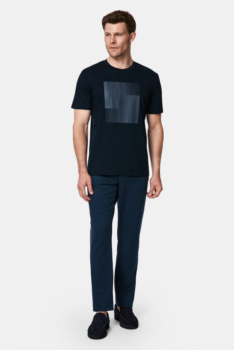 Koyu Lacivert Bisiklet Yaka Regular Fit Baskılı %100 Pamuk Merserize T-shirt