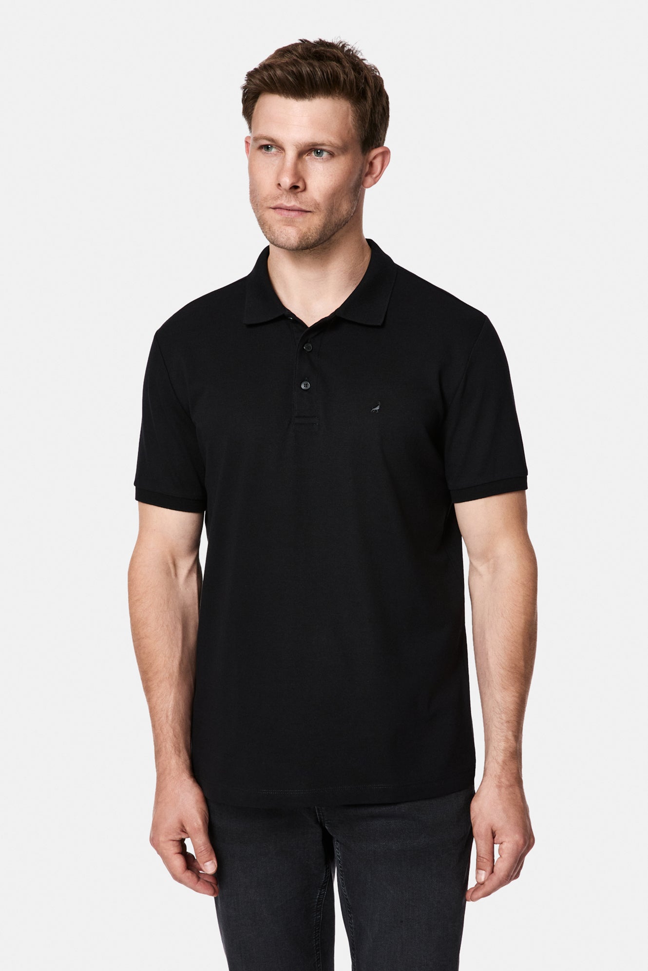 Siyah Regular Fit Polo Yaka Nakışlı %100 Pamuk Merserize T-shirt