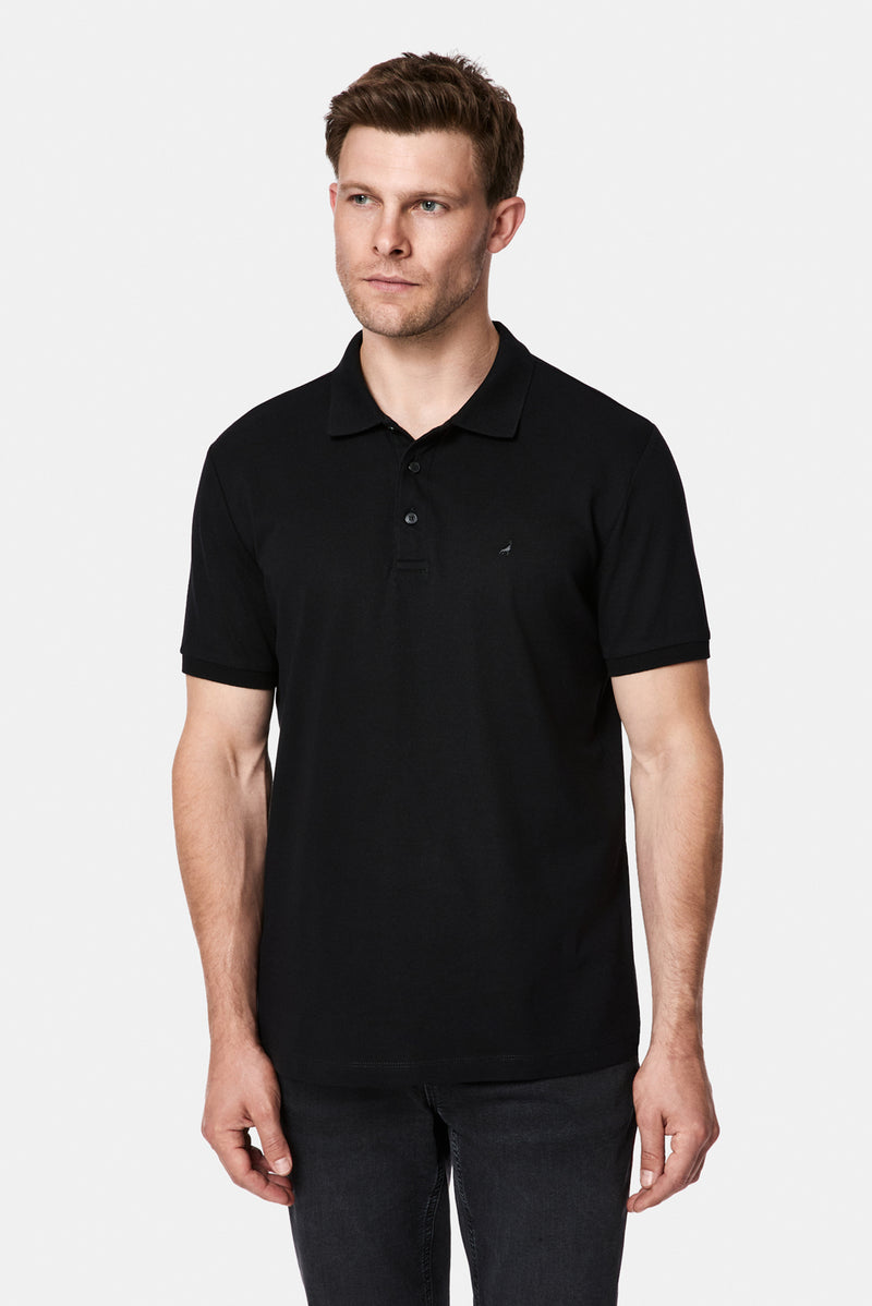 Siyah Regular Fit Polo Yaka Nakışlı %100 Pamuk Merserize T-shirt