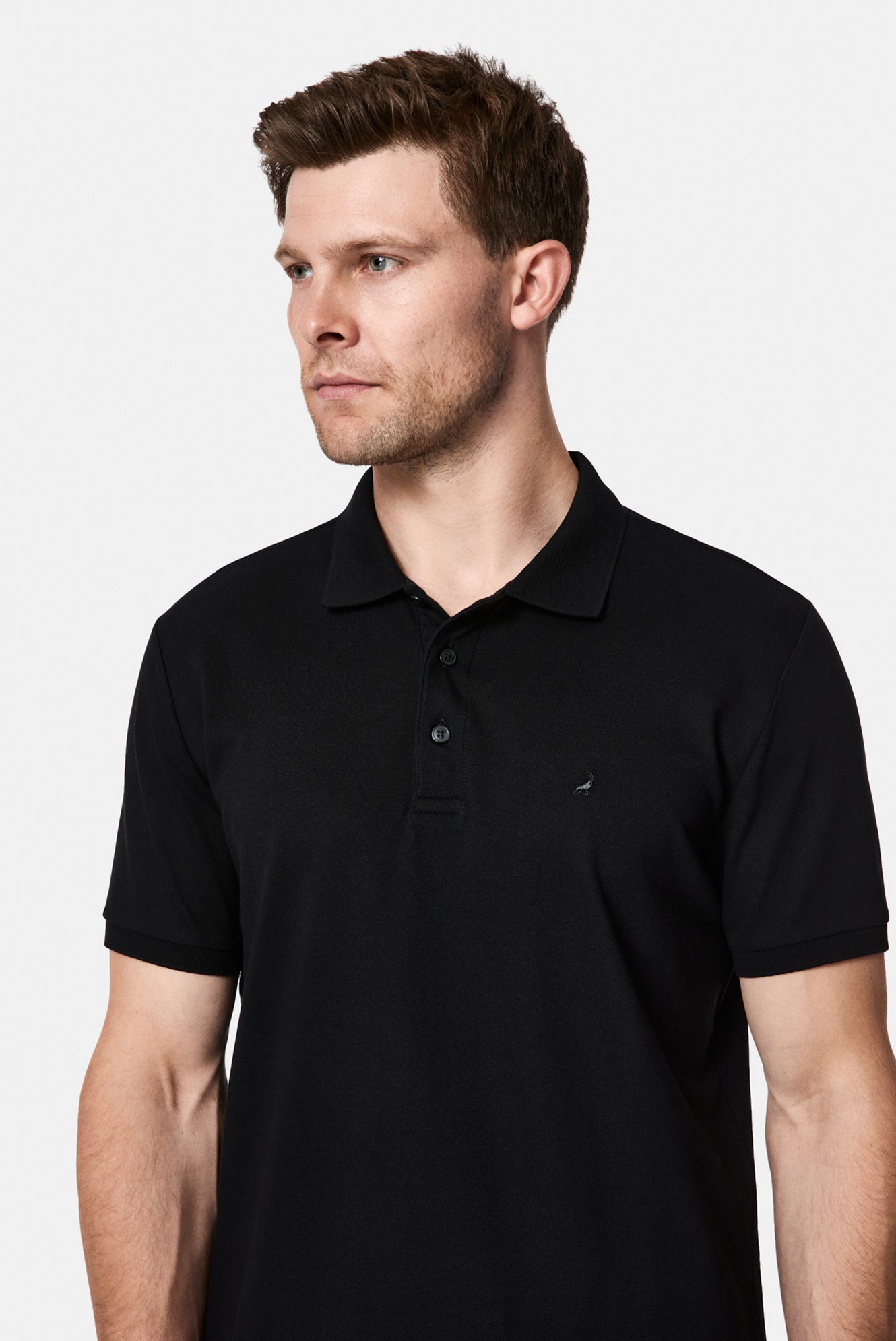 Siyah Regular Fit Polo Yaka Nakışlı %100 Pamuk Merserize T-shirt