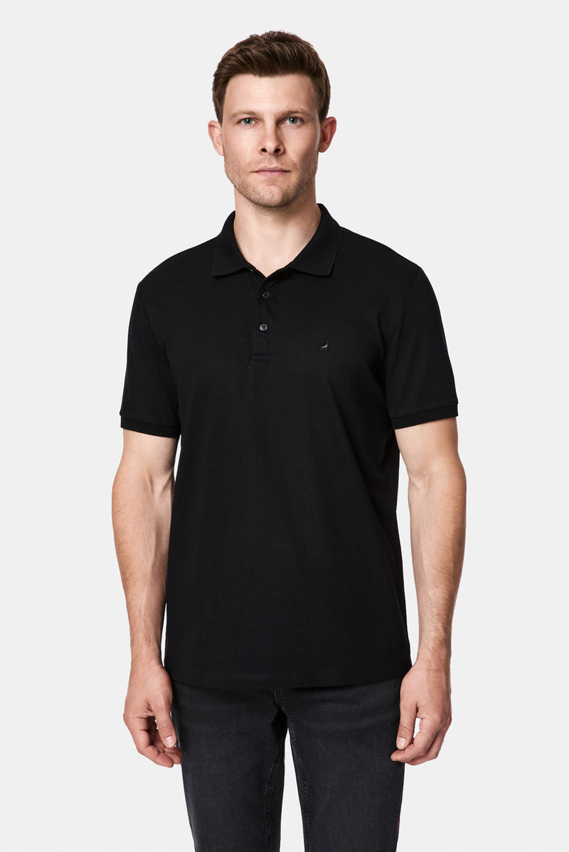 Siyah Regular Fit Polo Yaka Nakışlı %100 Pamuk Merserize T-shirt