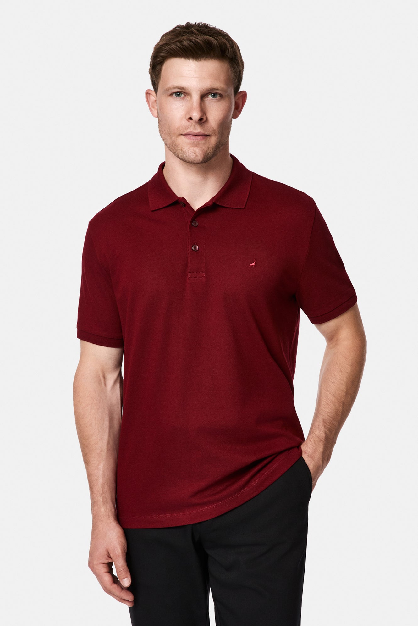 Koyu Bordo Regular Fit Polo Yaka Nakışlı %100 Pamuk Merserize T-shirt