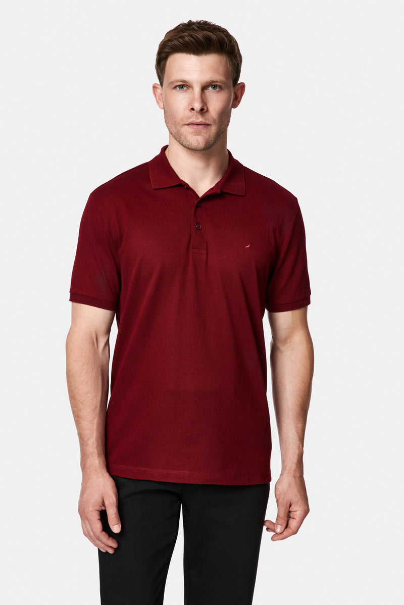 Koyu Bordo Regular Fit Polo Yaka Nakışlı %100 Pamuk Merserize T-shirt