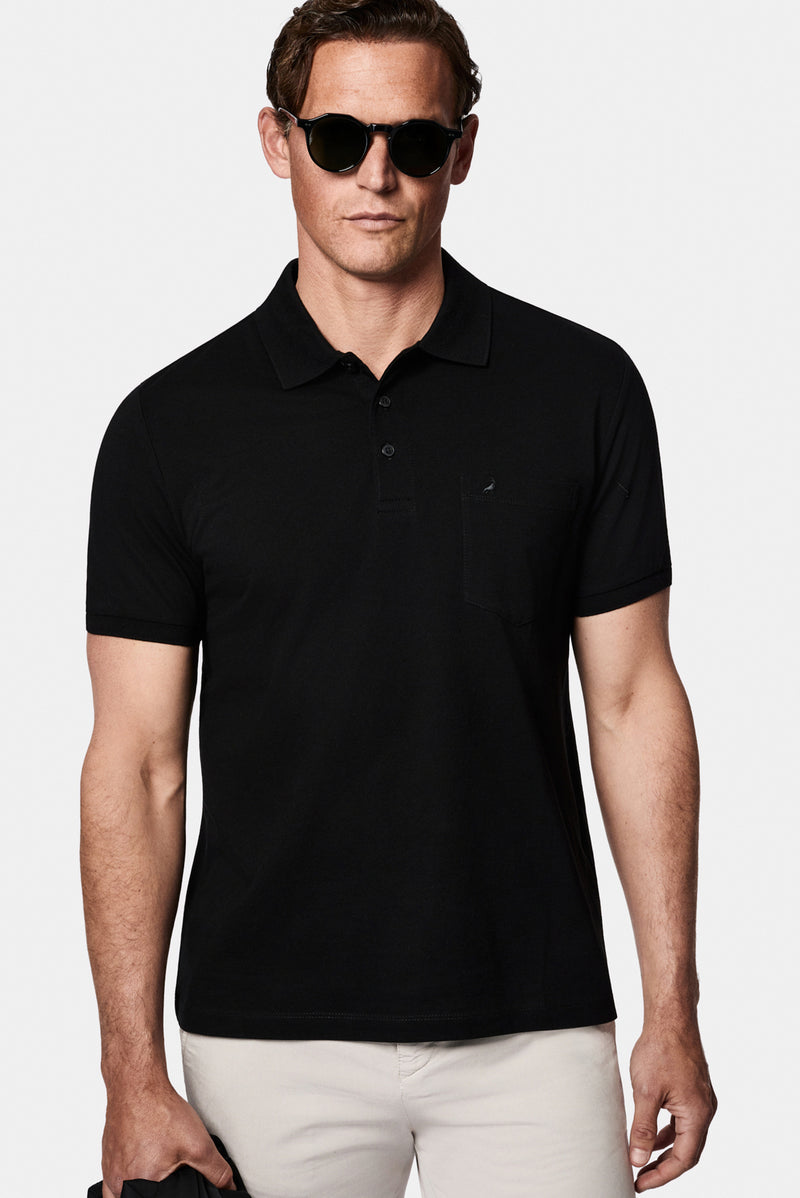 Siyah Regular Fit Düğmeli Polo Yaka Nakışlı Cepli %100 Pamuk Merserize T-shirt