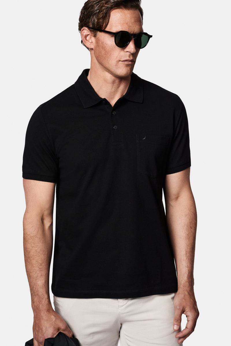 Siyah Regular Fit Düğmeli Polo Yaka Nakışlı Cepli %100 Pamuk Merserize T-shirt