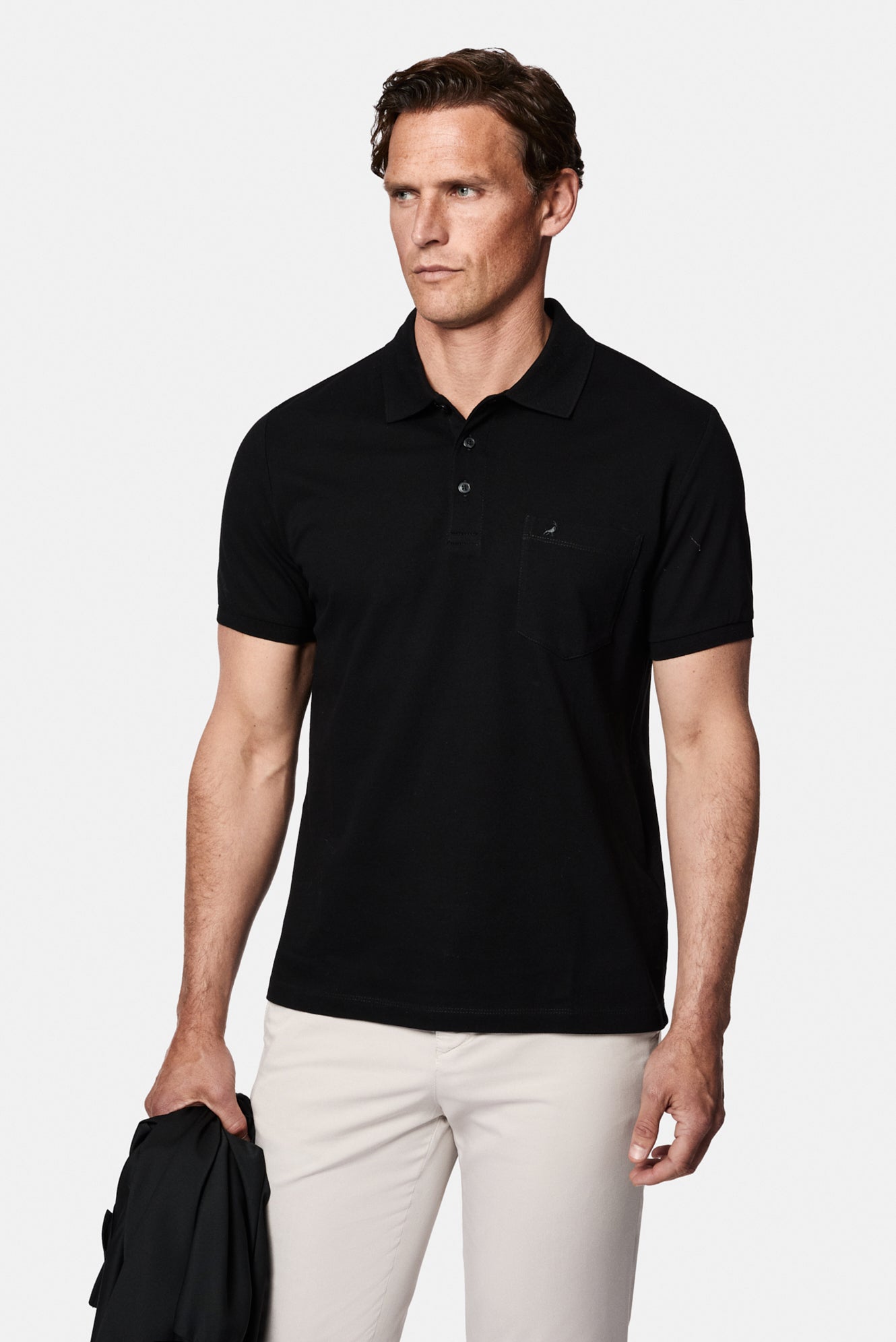 Siyah Regular Fit Düğmeli Polo Yaka Nakışlı Cepli %100 Pamuk Merserize T-shirt