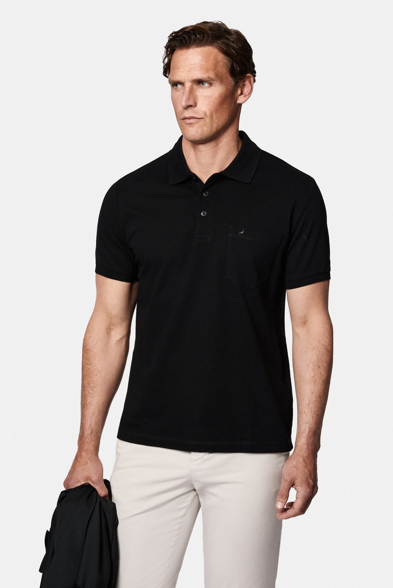 Siyah Regular Fit Düğmeli Polo Yaka Nakışlı Cepli %100 Pamuk Merserize T-shirt