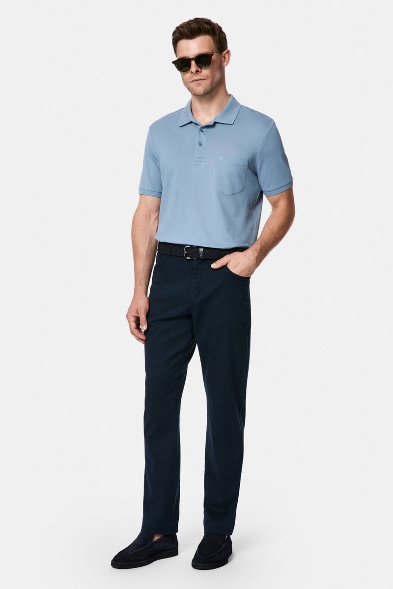 Havacı Mavi Regular Fit Polo Yaka Nakışlı Cepli %100 Pamuk Merserize T-shirt