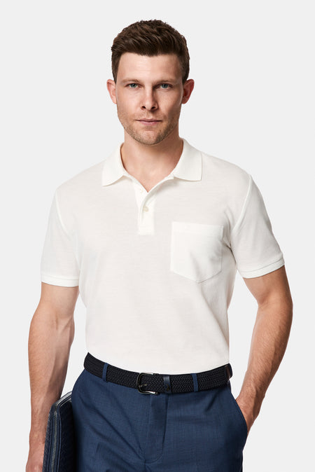 Kırık Beyaz Regular Fit Polo Yaka Nakışlı Cepli %100 Pamuk Merserize T-shirt