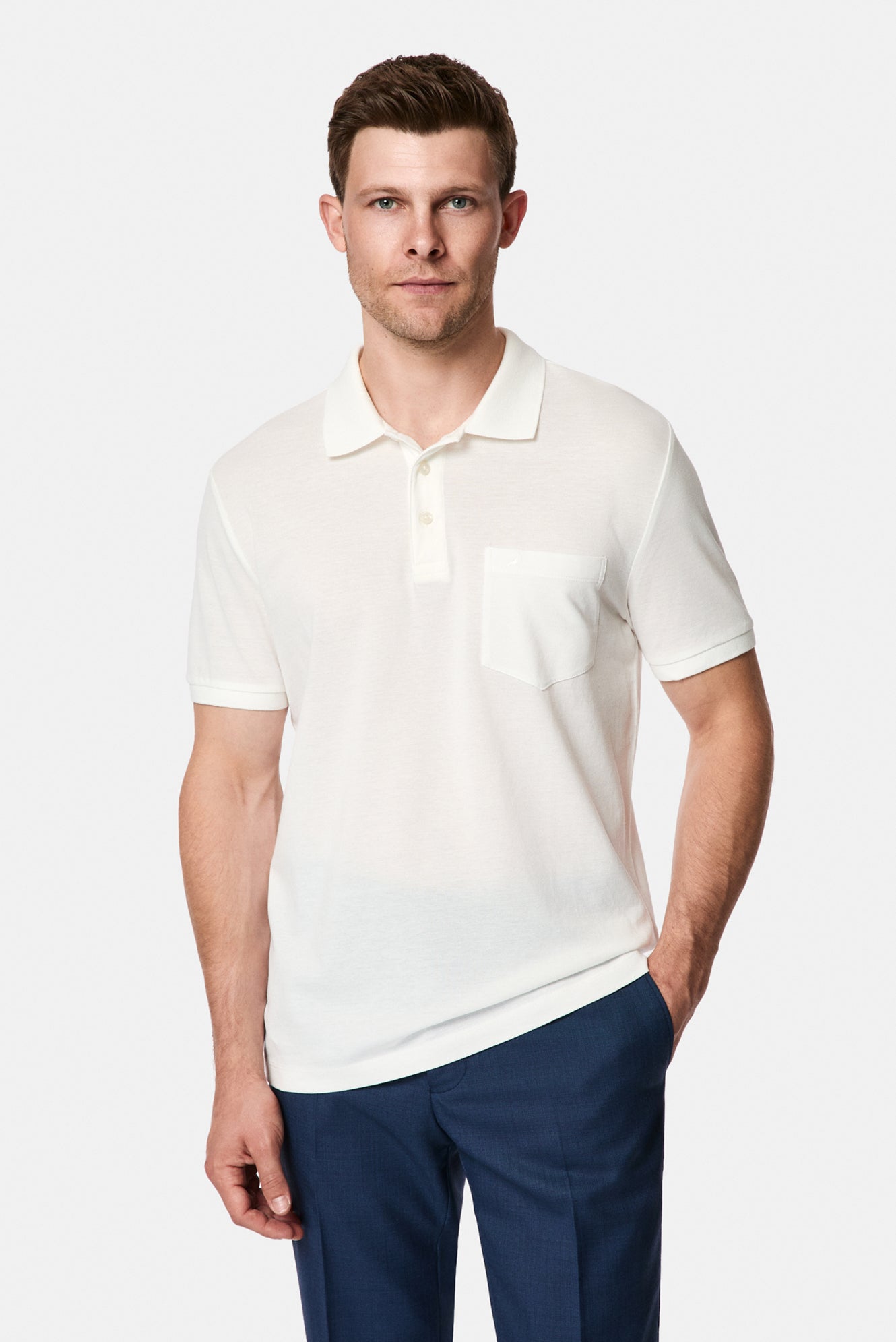 Kırık Beyaz Regular Fit Polo Yaka Nakışlı Cepli %100 Pamuk Merserize T-shirt