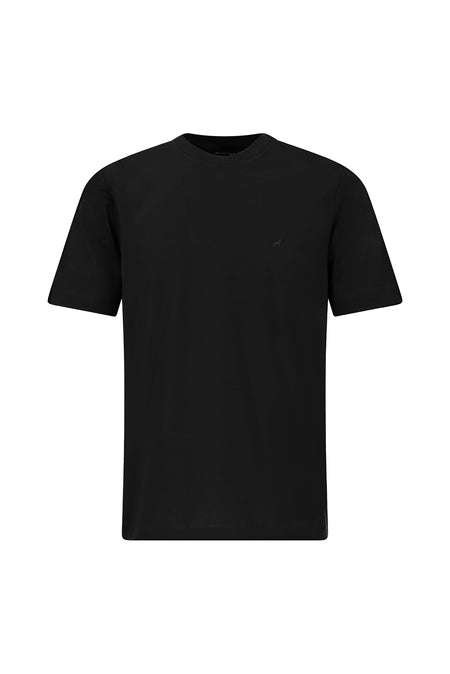 Siyah Bisiklet Yaka Regular Fit Nakışlı Pamuk Merserize Basic T-shirt